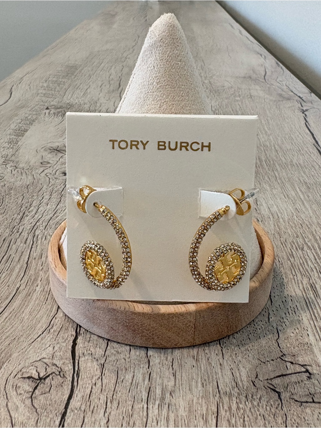 Tory Burch Gold Crystal Spiral Logo Drop Earrings
